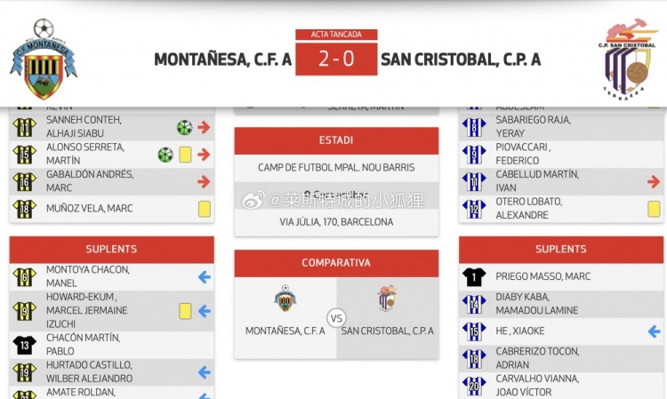 圣克里斯托瓦尔0-2蒙塔涅萨 何小珂伤愈复出在第64分钟替补出场